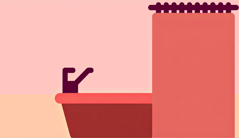 An illustration of a bathtub and shower curtain.